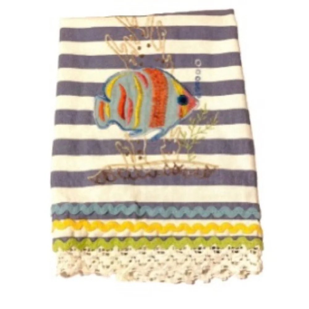 PIER 1 IMPORTS Nautical Stripe Fish Lace Embroidered Zig Zag Towel 29 x 17 in